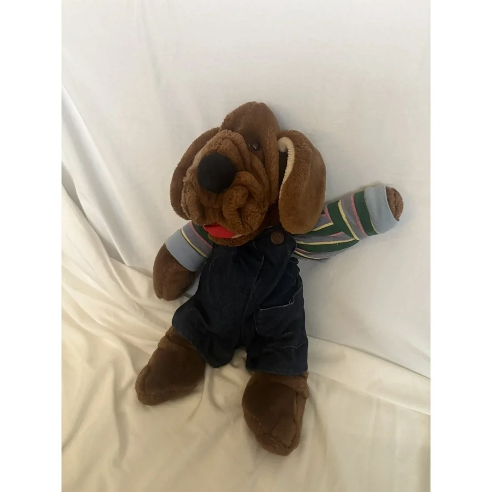 VTG- Wrinkles Dog Puppet- Dark Brown / Stripe Shirt/ Jean Overalls